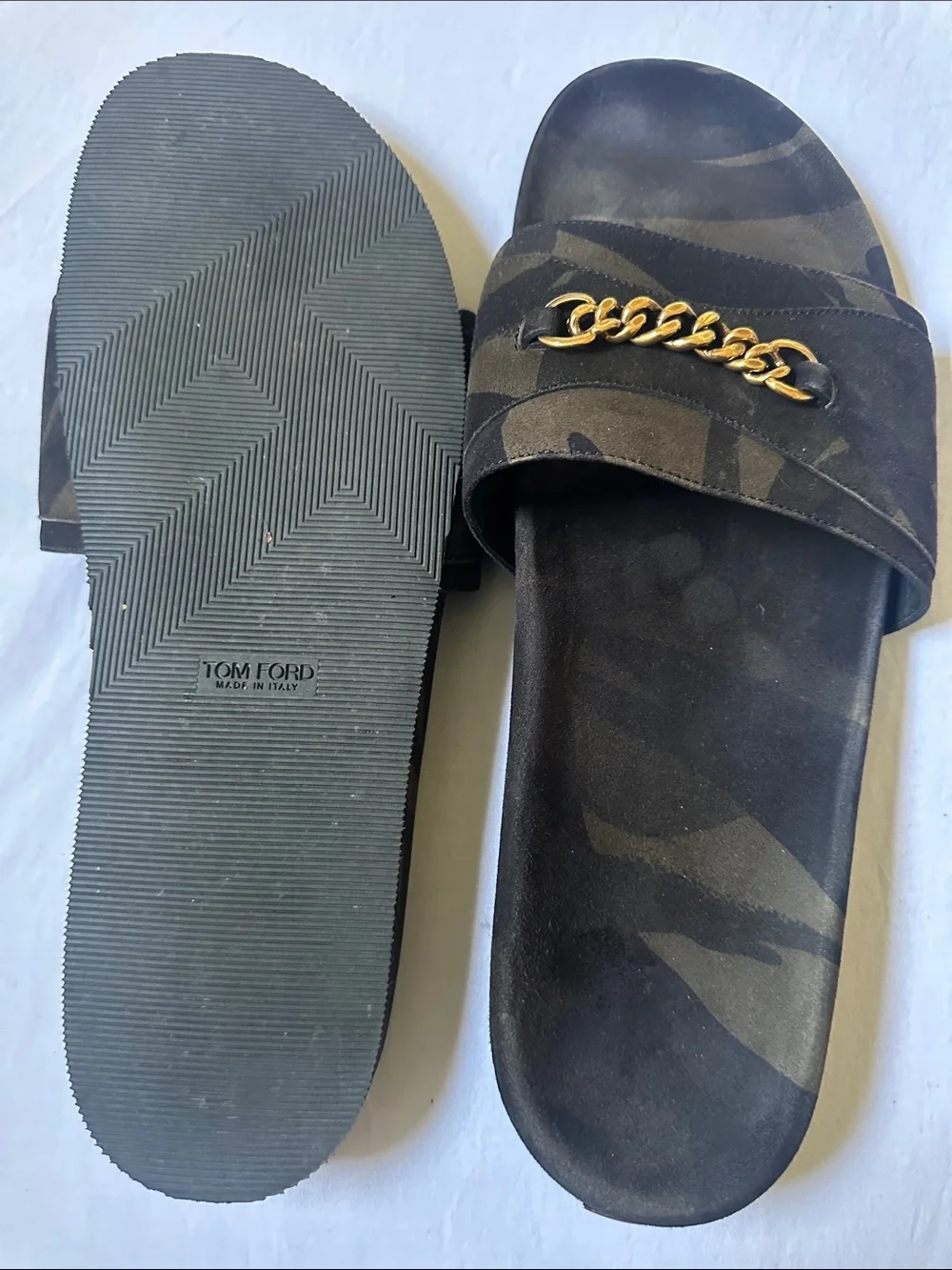 Tom Ford Gold Chain Accent Green Black Camouflage Men’s Slide Sandals Size 12T